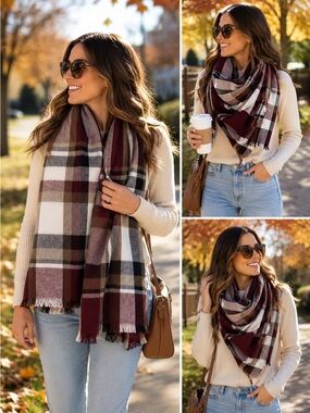Maroon brown black white plaid check soft fall winter blanket scarf